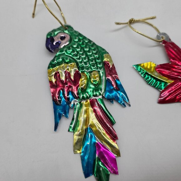 Mexican Folk Art Colorful Tin Parrot & Flower Hanging Ornaments Holiday Decor - Picture 2 of 5